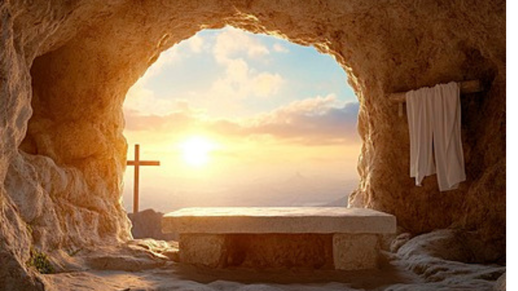 Túmulo vazio ao nascer do sol simbolizando a ressurreição de Cristo na Páscoa.