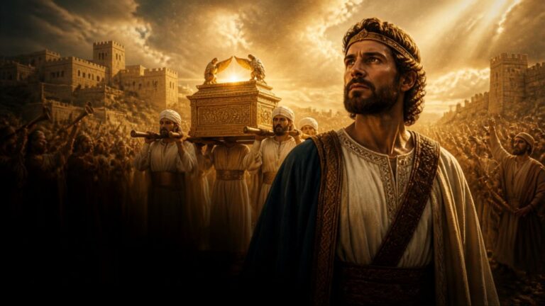 Davi trazendo a Arca da Aliança para Jerusalém representando a presença de Deus